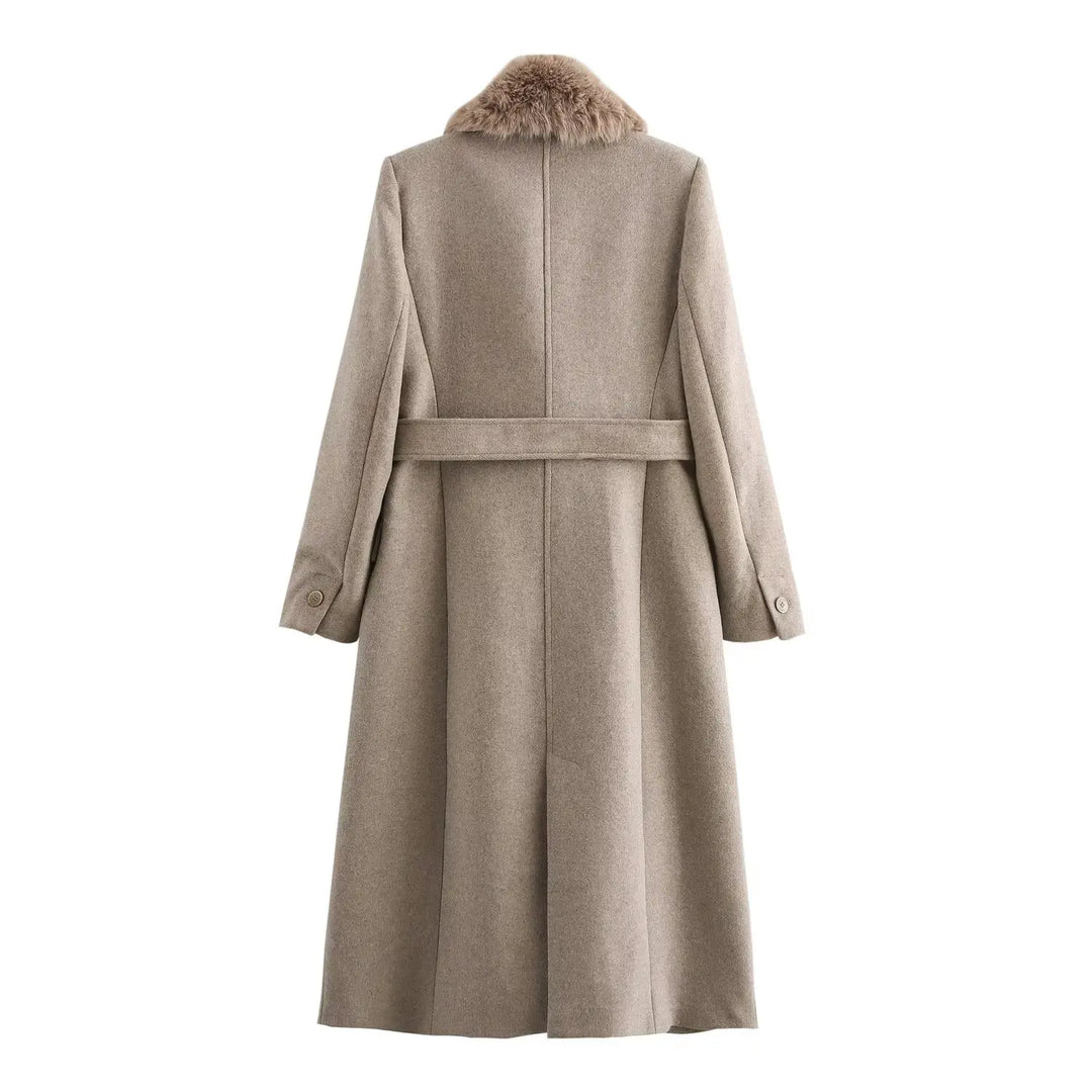 Women's Long Belted Coat with Luxe Faux-Fur Collar - Heston Manor