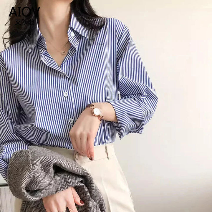 Women’s Blue Striped Button-Up Shirt - Heston Manor