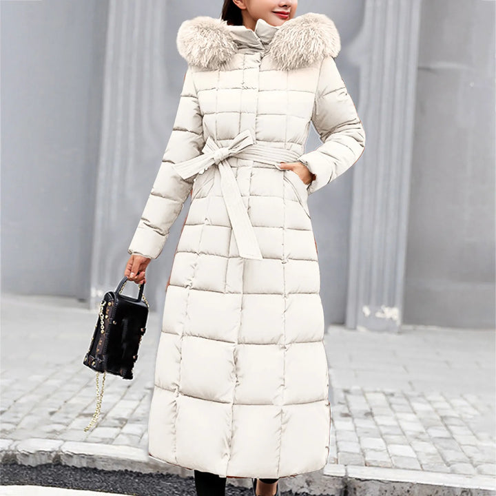 Women’s Belted Puffer Coat with Faux Fur Collar - Heston Manor