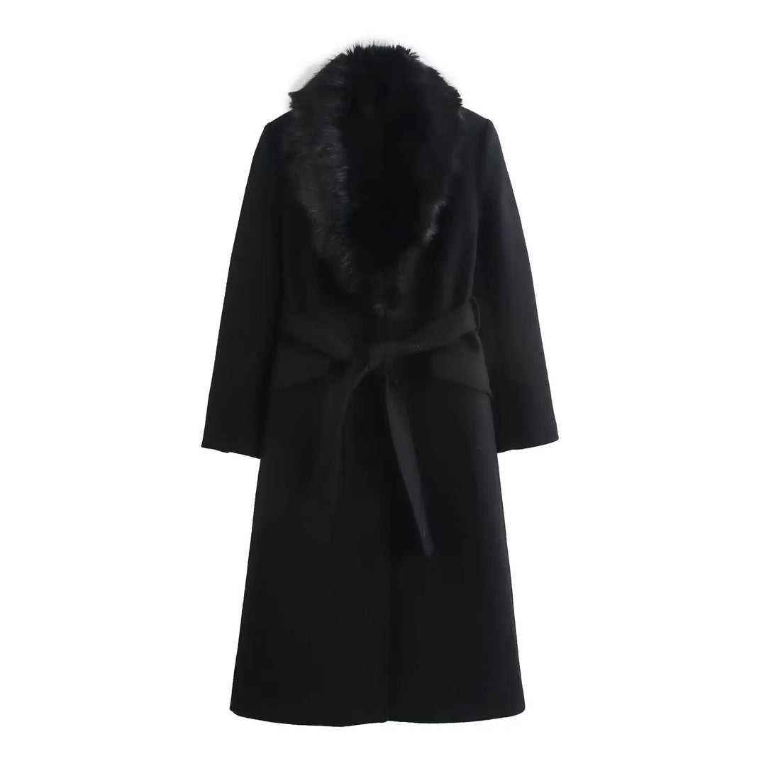 Women's Long Belted Coat with Luxe Faux-Fur Collar - Heston Manor