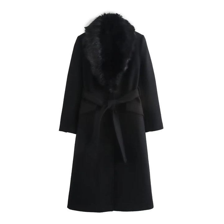 Women's Long Belted Coat with Luxe Faux-Fur Collar - Heston Manor