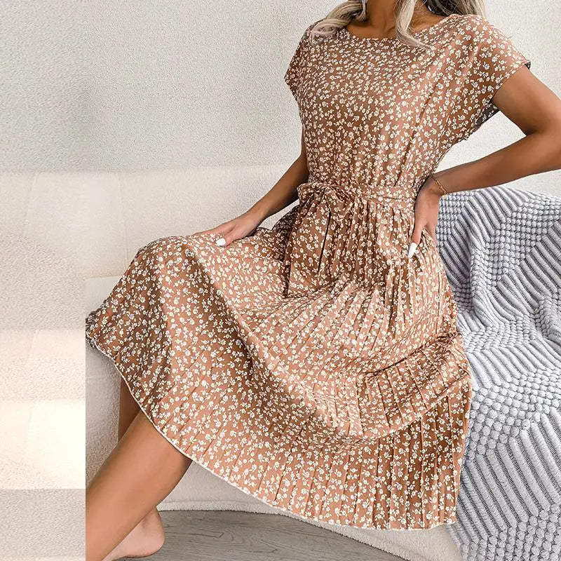 Women's Floral Print Short Sleeve Pleated Midi A-Line Dress - Heston Manor