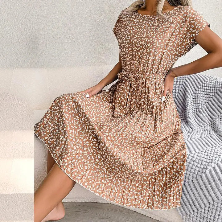 Women's Floral Print Short Sleeve Pleated Midi A-Line Dress - Heston Manor