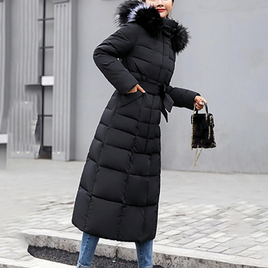 Women’s Belted Puffer Coat with Faux Fur Collar - Heston Manor