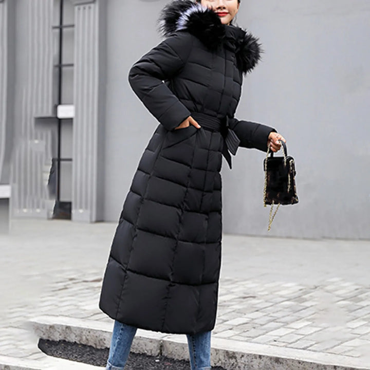 Women’s Belted Puffer Coat with Faux Fur Collar - Heston Manor