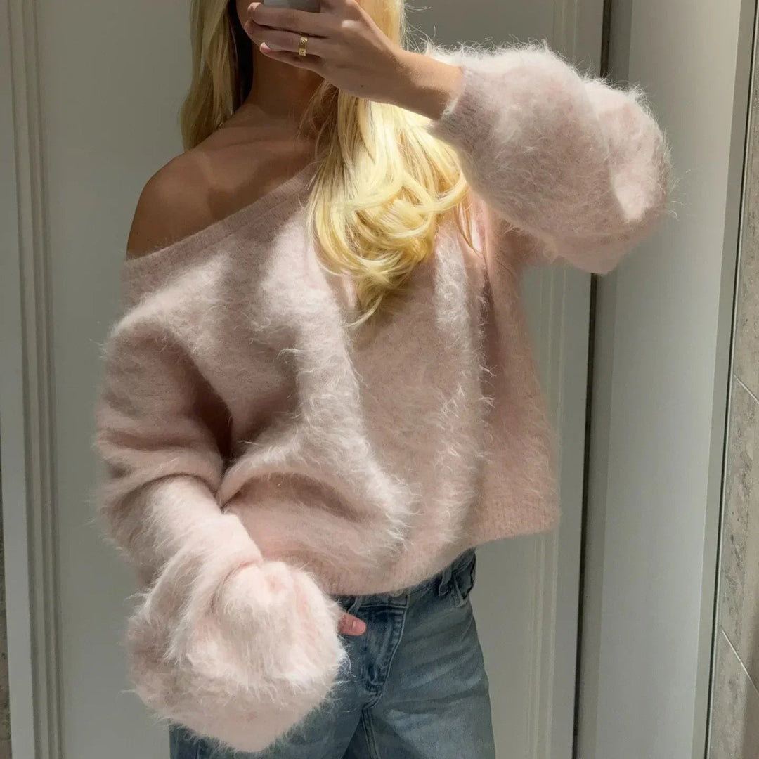 Women’s Off-Shoulder Fluffy Knit Sweater - Heston Manor