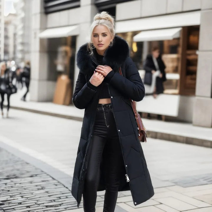 Women’s Plus Size Long Puffer Coat with Faux Fur Collar - Heston Manor