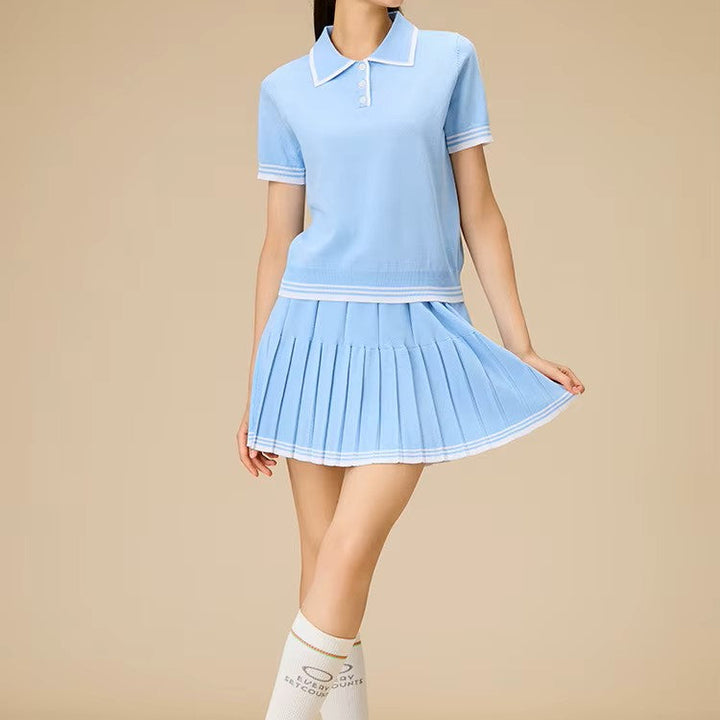 Women’s Navy Knit Two-Piece Tennis Set Polo Collar Pleated Skirt - Heston Manor