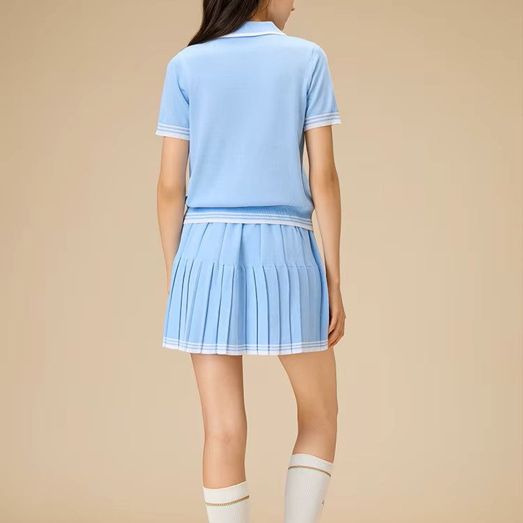 Women’s Navy Knit Two-Piece Tennis Set Polo Collar Pleated Skirt - Heston Manor