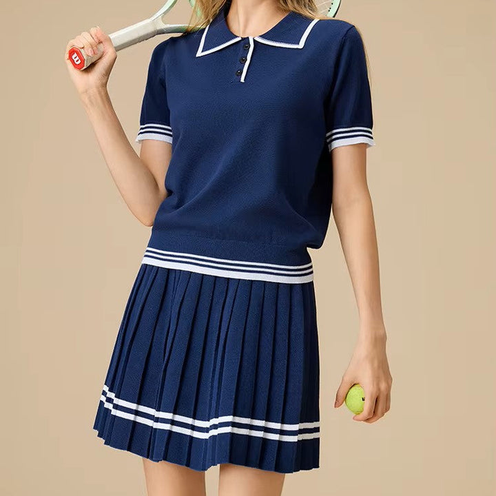 Women’s Navy Knit Two-Piece Tennis Set Polo Collar Pleated Skirt - Heston Manor
