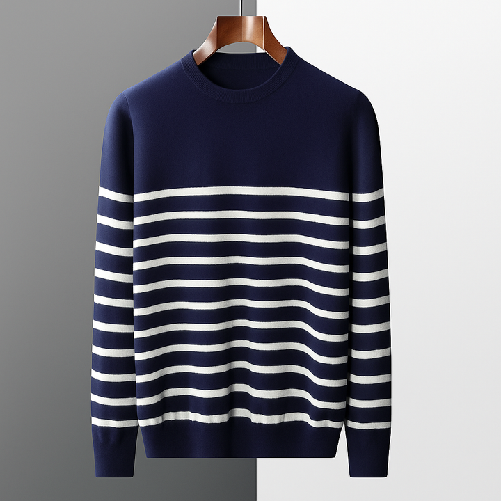 Men’s Navy & White Striped Wool Sweater - Heston Manor