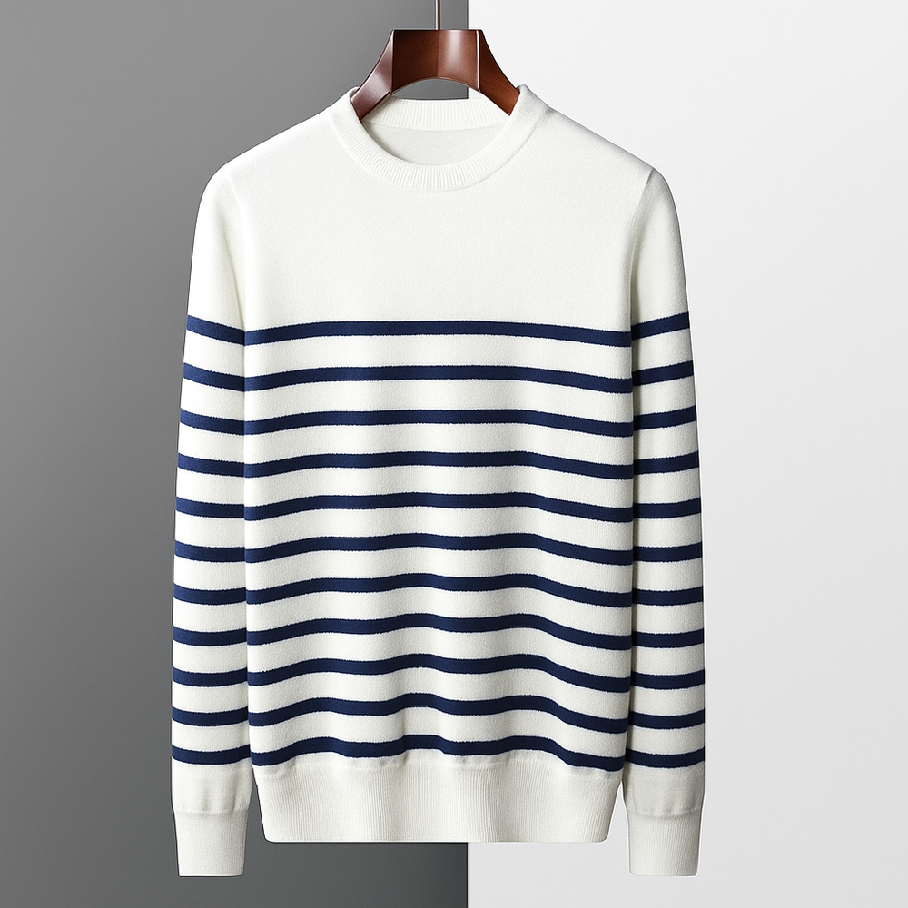 Men’s Navy & White Striped Wool Sweater - Heston Manor