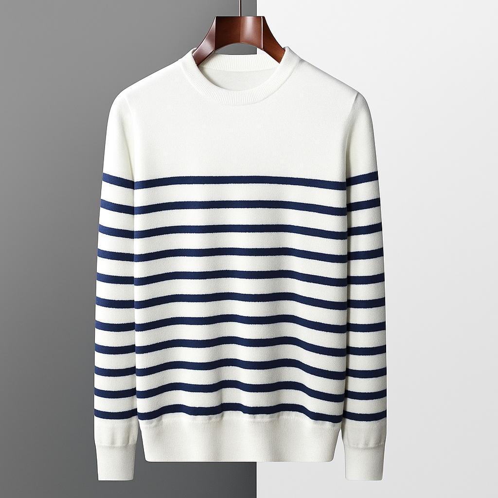 Men’s Navy & White Striped Wool Sweater - Heston Manor