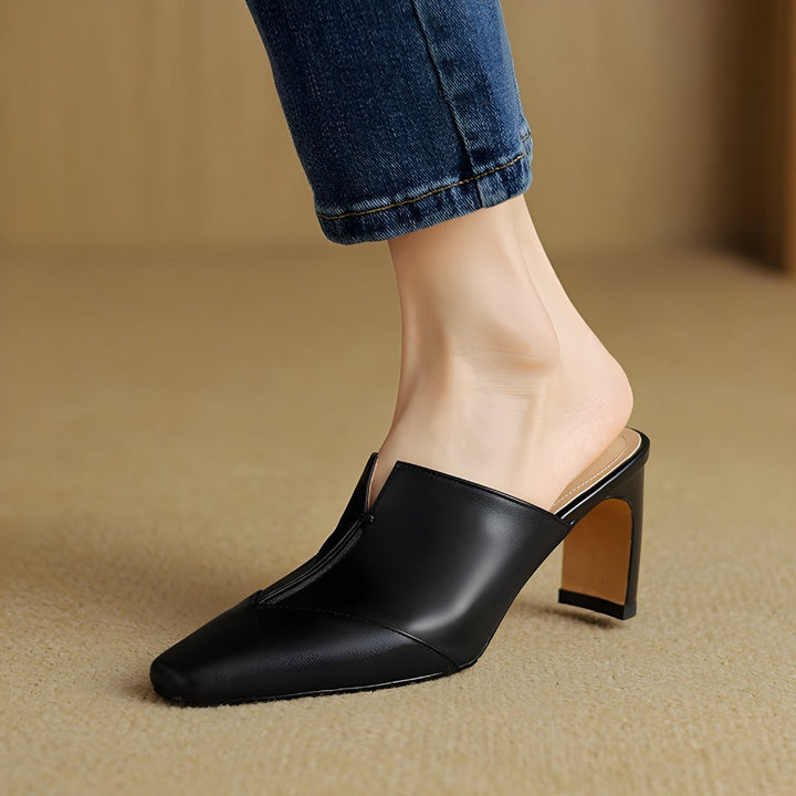 Lorrie Genuine Leather Square-Toe Mule Heels