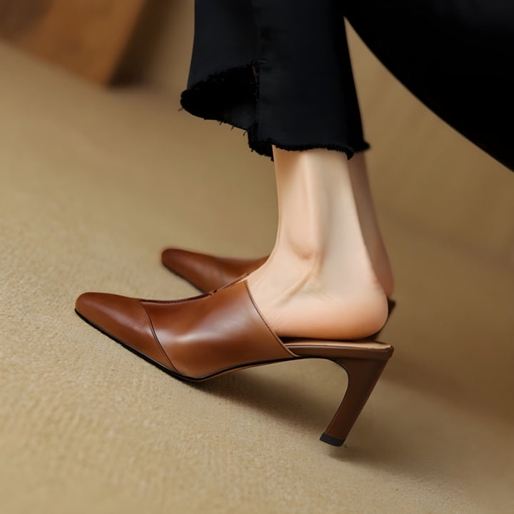 Lorrie Genuine Leather Square-Toe Mule Heels