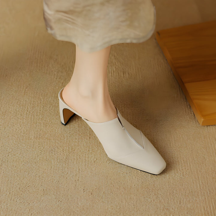 Lorrie Genuine Leather Square-Toe Mule Heels