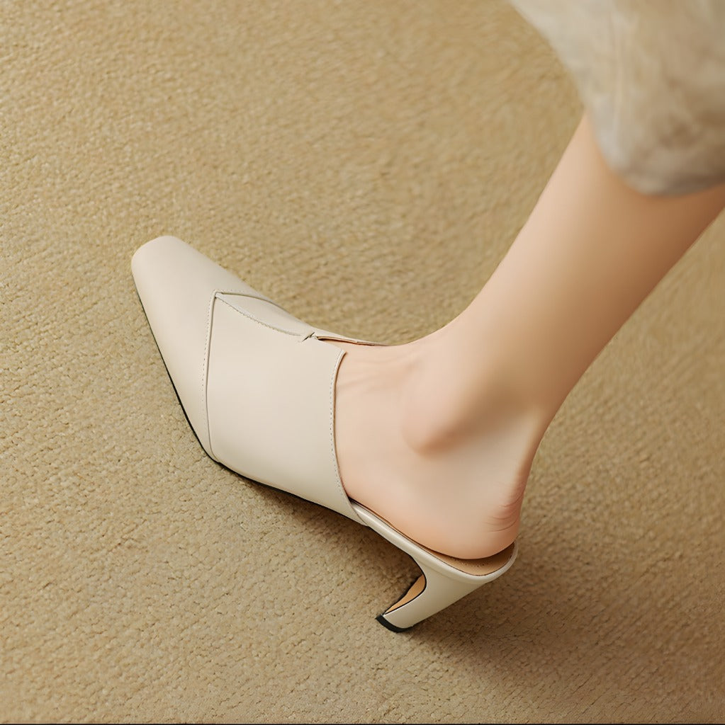 Lorrie Genuine Leather Square-Toe Mule Heels