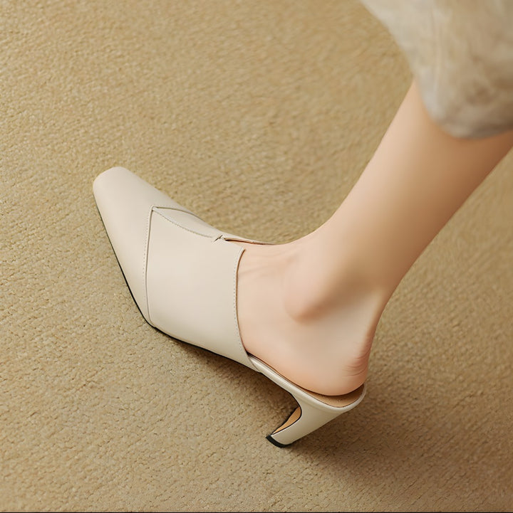 Lorrie Genuine Leather Square-Toe Mule Heels