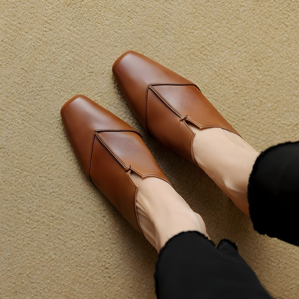 Lorrie Genuine Leather Square-Toe Mule Heels