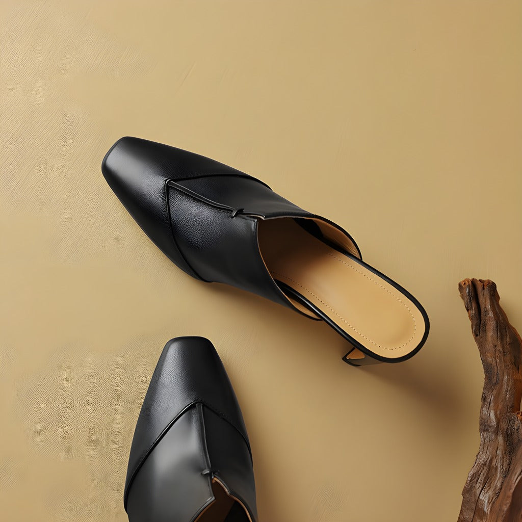 Lorrie Genuine Leather Square-Toe Mule Heels