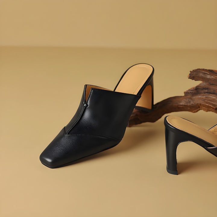 Lorrie Genuine Leather Square-Toe Mule Heels
