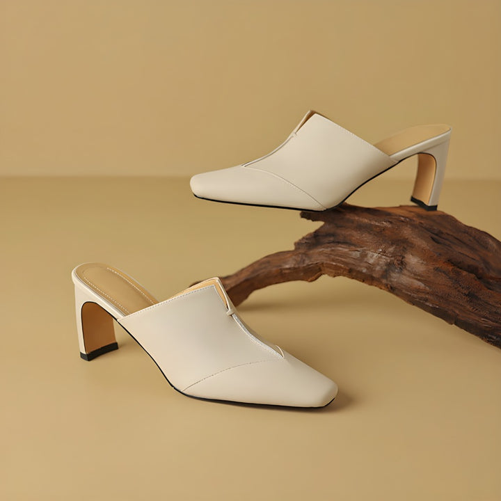 Lorrie Genuine Leather Square-Toe Mule Heels