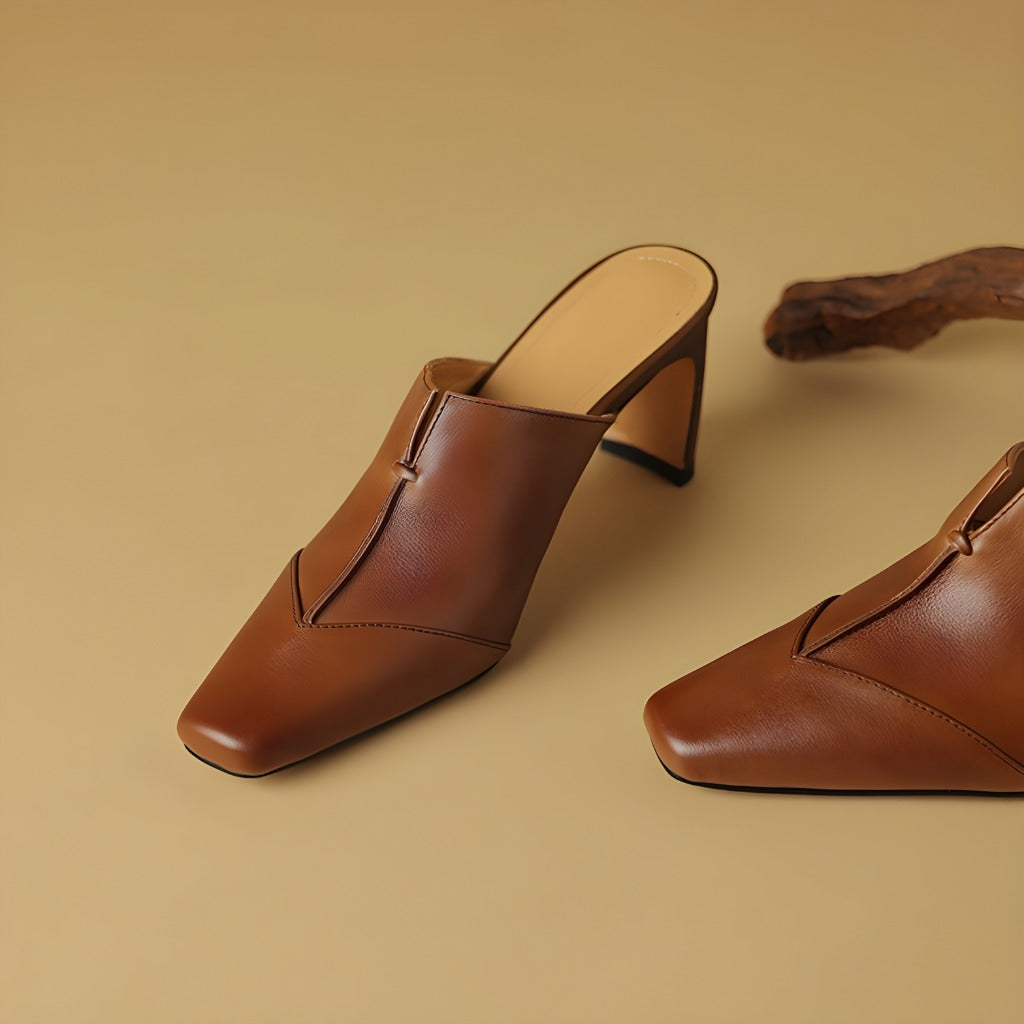 Lorrie Genuine Leather Square-Toe Mule Heels