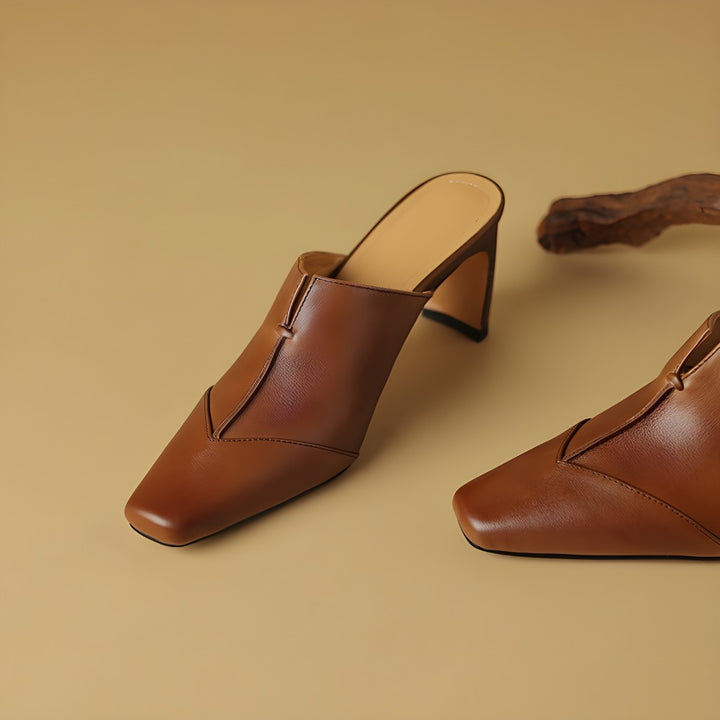 Lorrie Genuine Leather Square-Toe Mule Heels