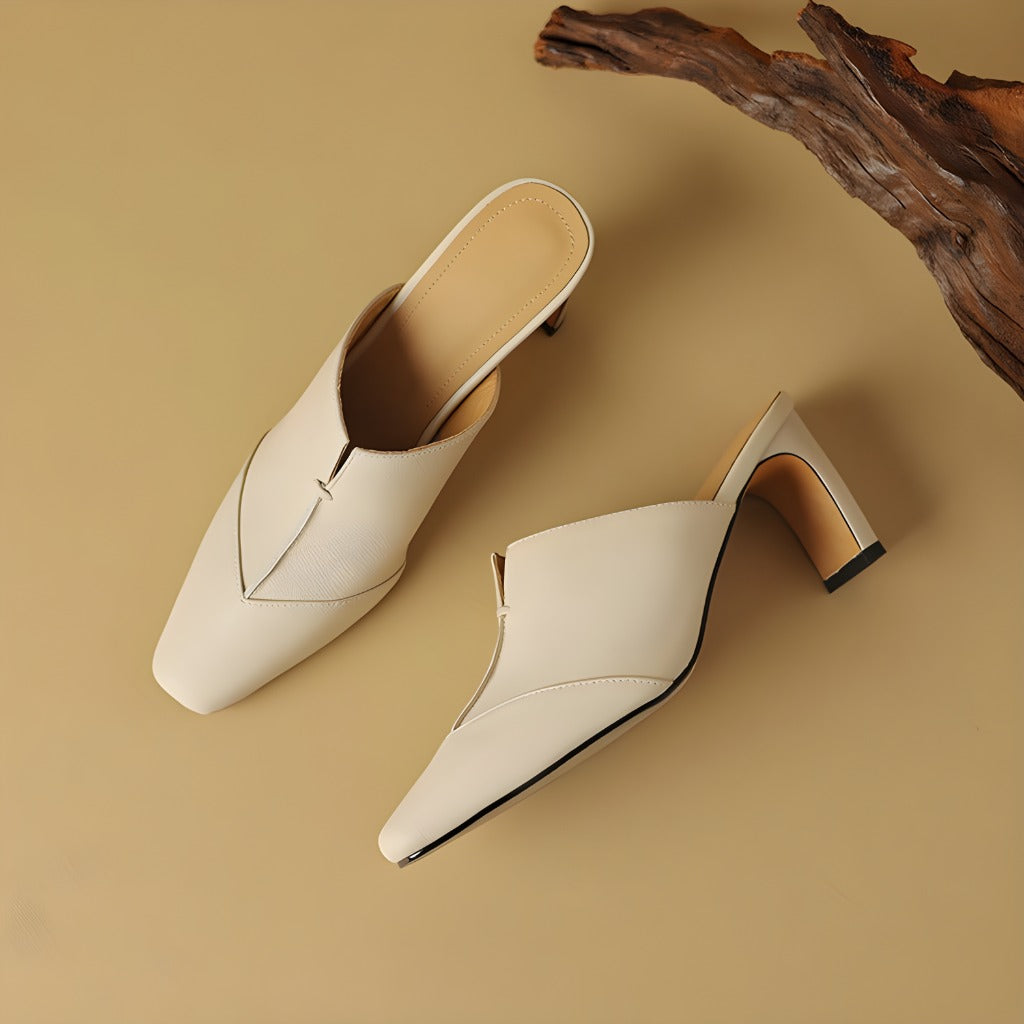 Lorrie Genuine Leather Square-Toe Mule Heels