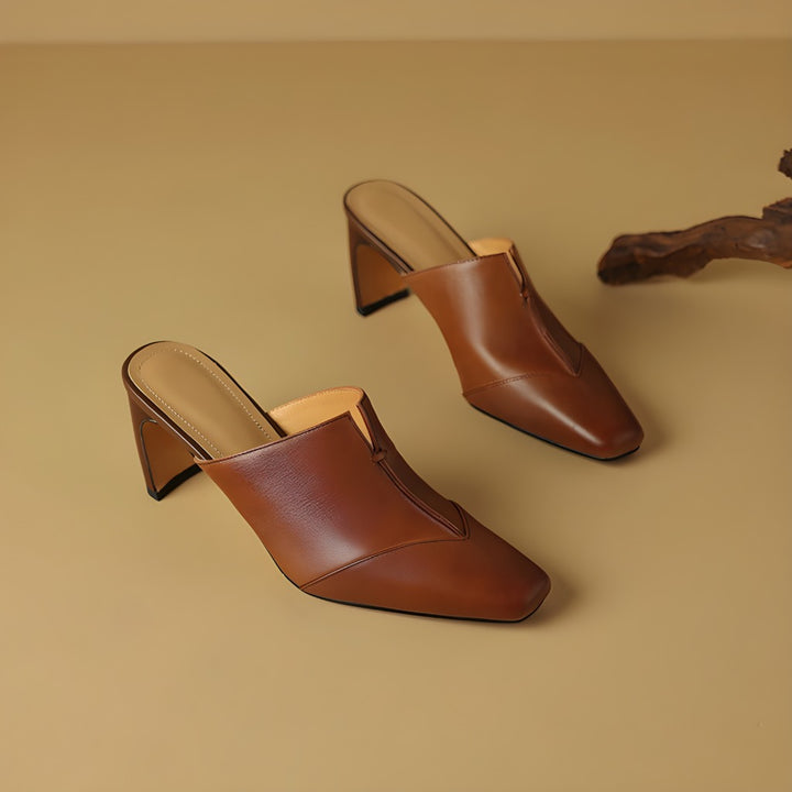 Lorrie Genuine Leather Square-Toe Mule Heels