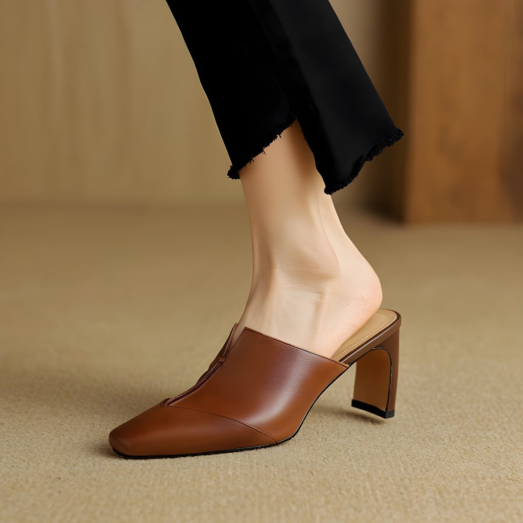 Lorrie Genuine Leather Square-Toe Mule Heels