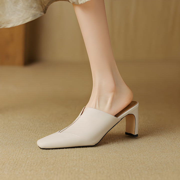 Lorrie Genuine Leather Square-Toe Mule Heels