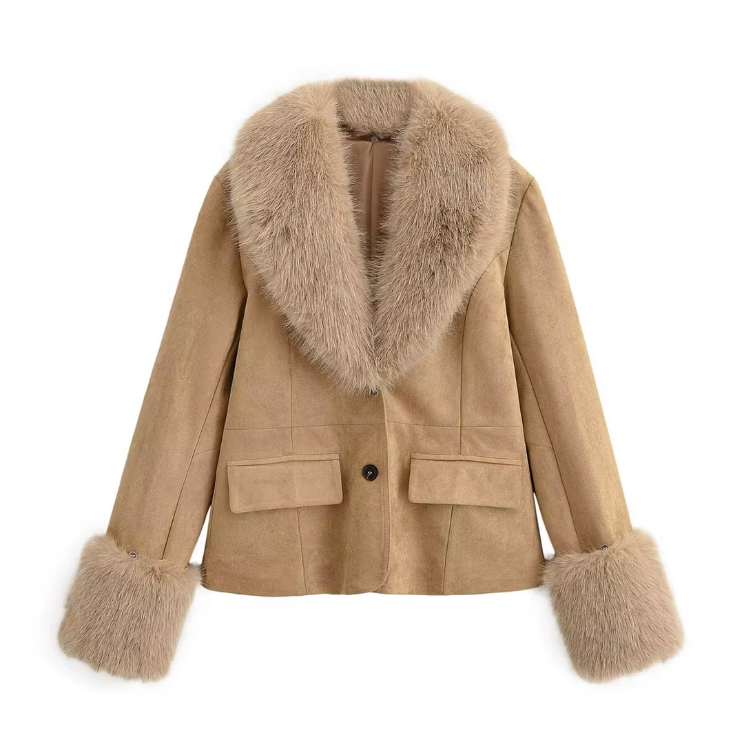 Women’s Faux Fur Collar Suede Jacket - Heston Manor