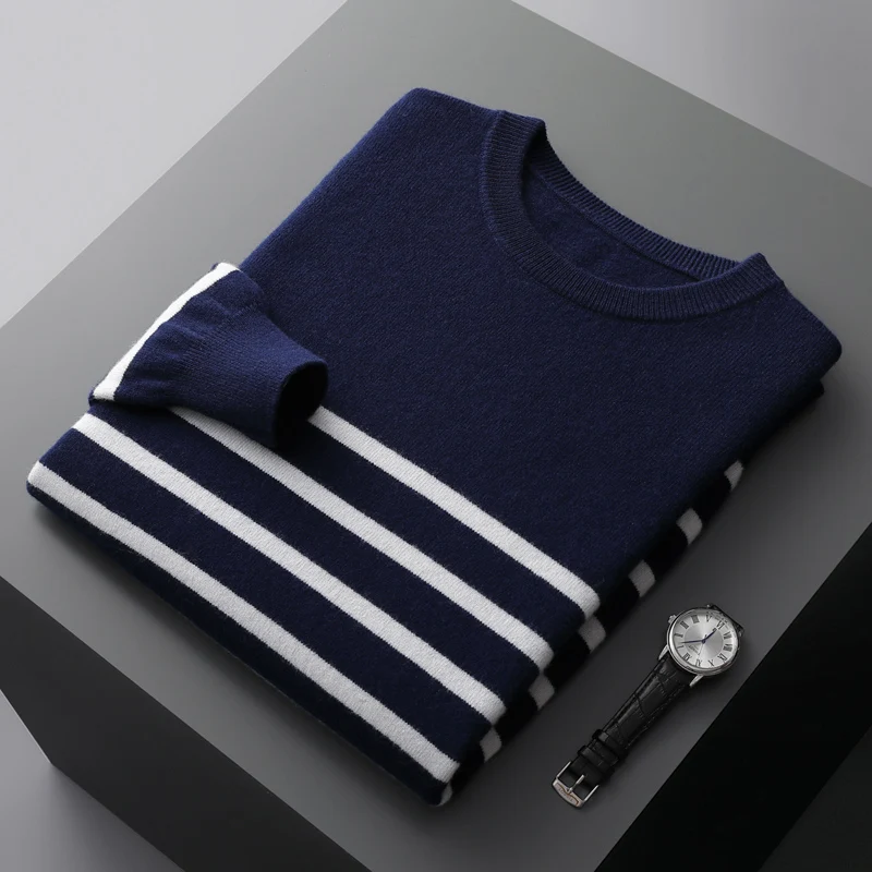 Men’s Navy & White Striped Wool Sweater - Heston Manor