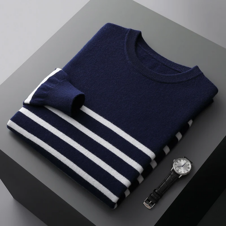 Men’s Navy & White Striped Wool Sweater - Heston Manor