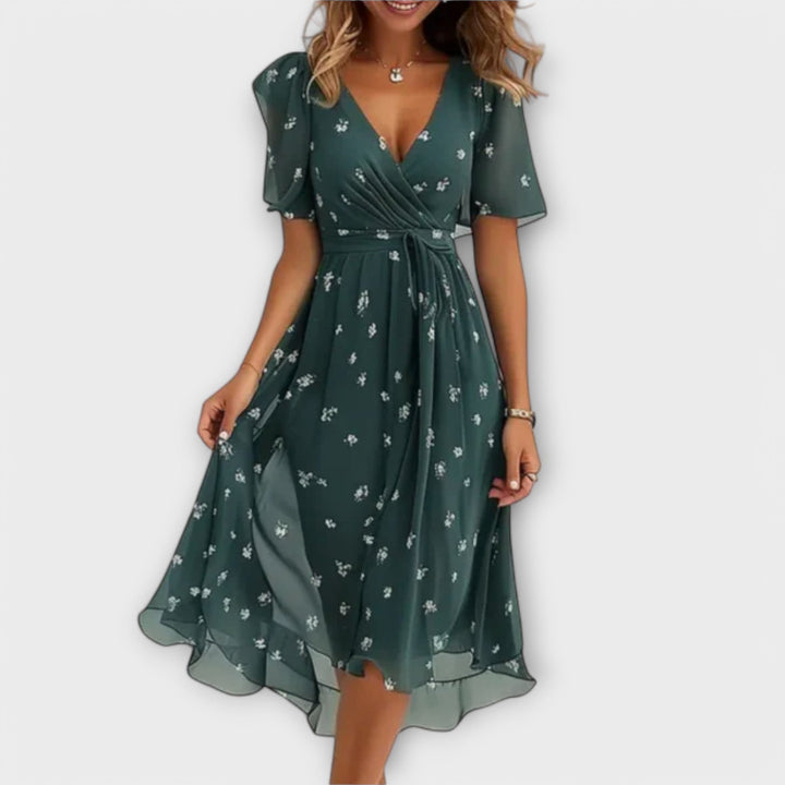 Women's V-Neck Midi Dress with Flutter Sleeves and Belt - Heston Manor