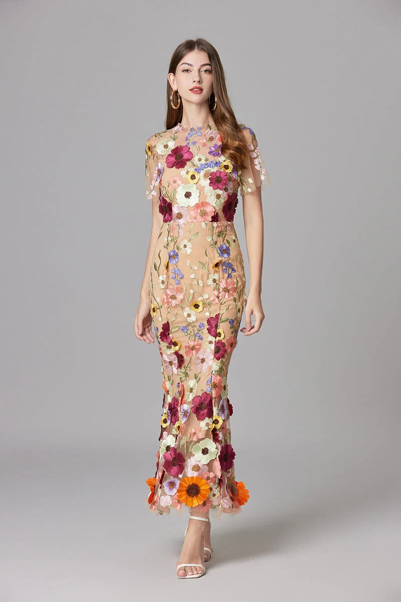 Floral Appliqué Maxi Dress Womens - 3D Sculptural Detail - Aurelia - Heston Manor