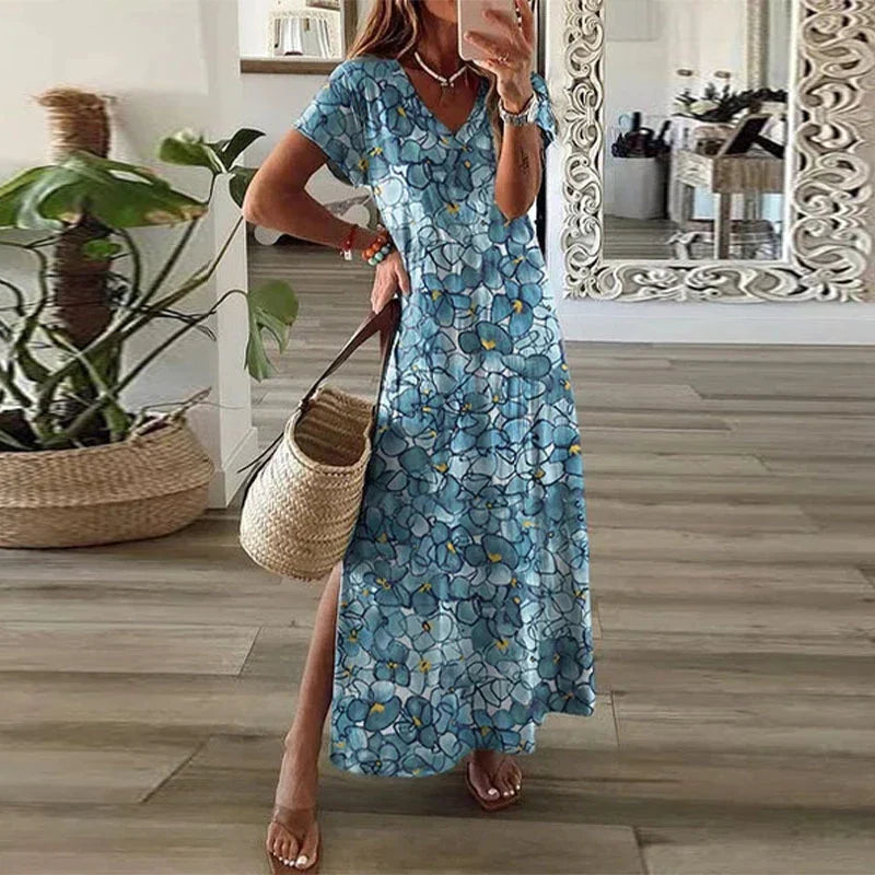 Boho Print Maxi Dress Womens - V-Neck Short Sleeve Vacation Piece Nathara - Heston Manor