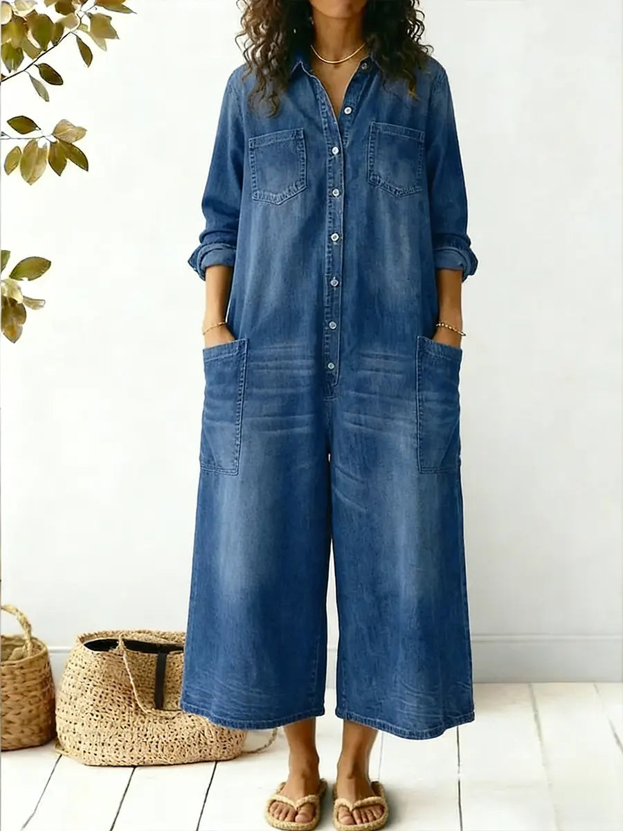 Denim Jumpsuit Womens - Wide Leg Long Sleeve One-Piece Jealyn - Heston Manor