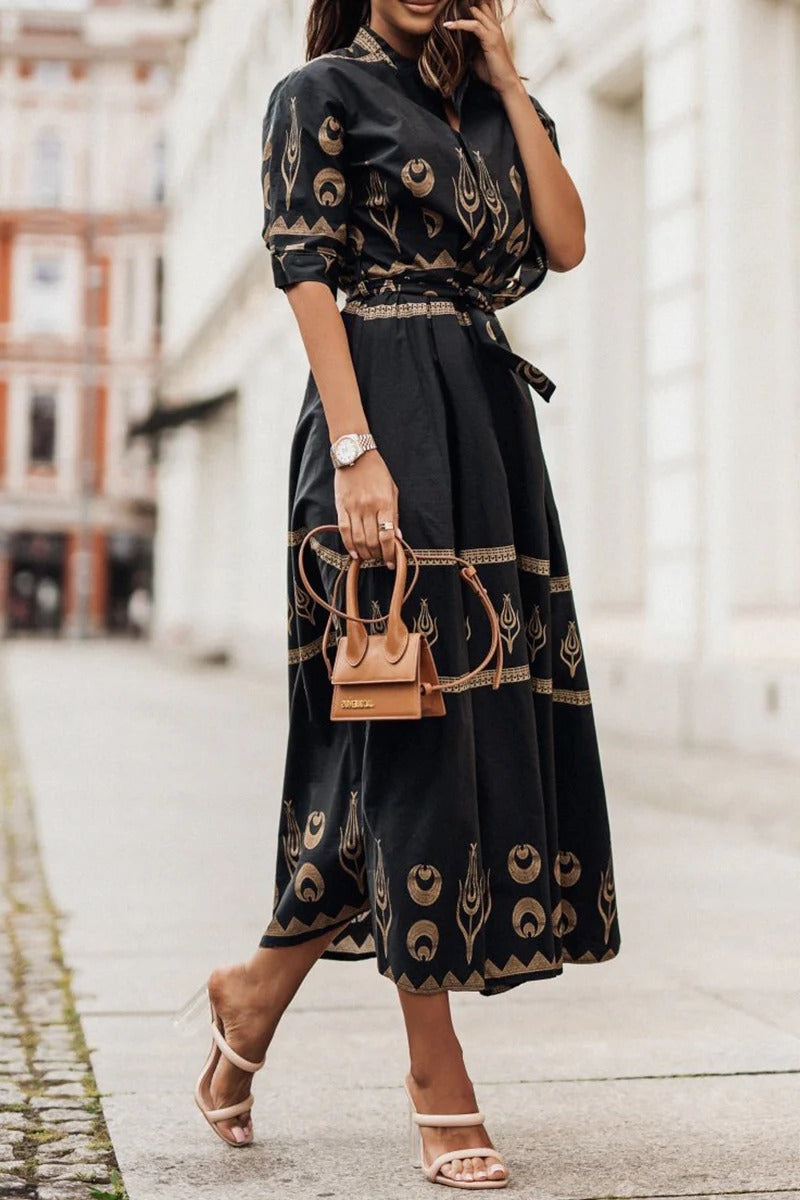 Boho Print Midi Dress Womens - Belted Spring Style Keira - Heston Manor