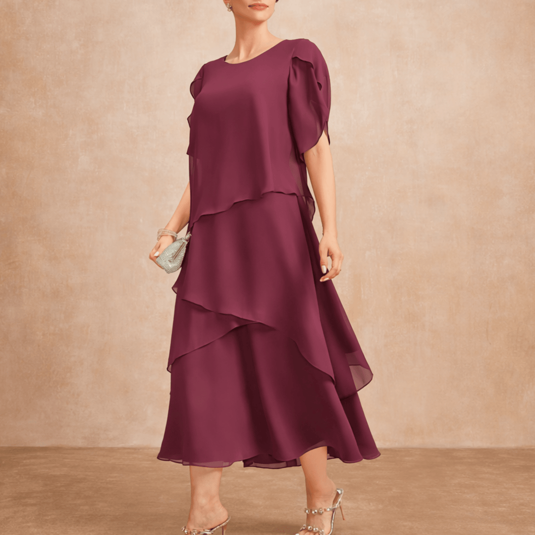 Novelle Tiered Chiffon Dress with Flutter Sleeves - Heston Manor