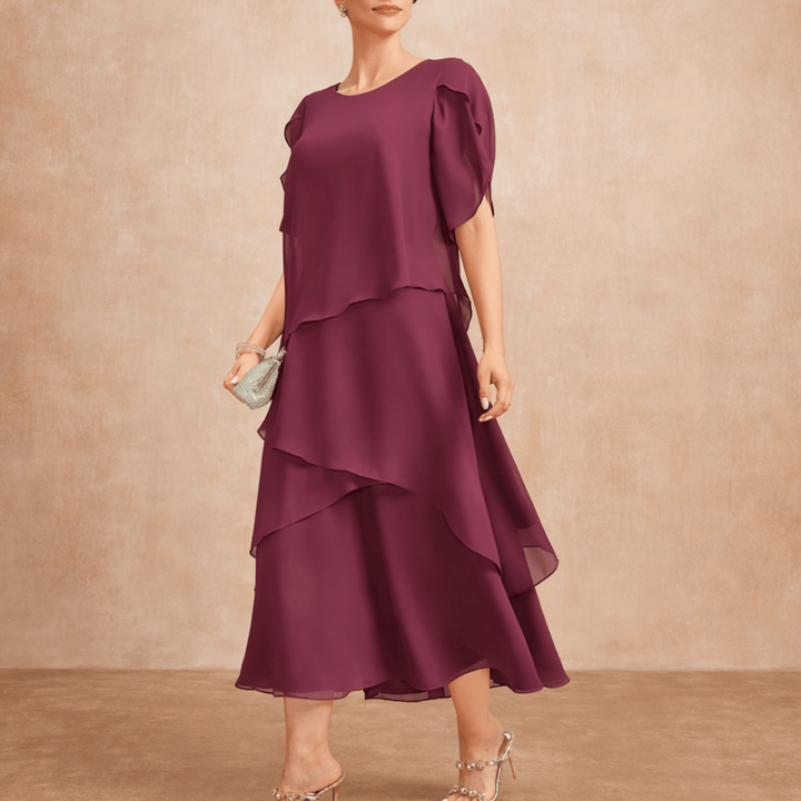 Novelle Tiered Chiffon Dress with Flutter Sleeves - Heston Manor