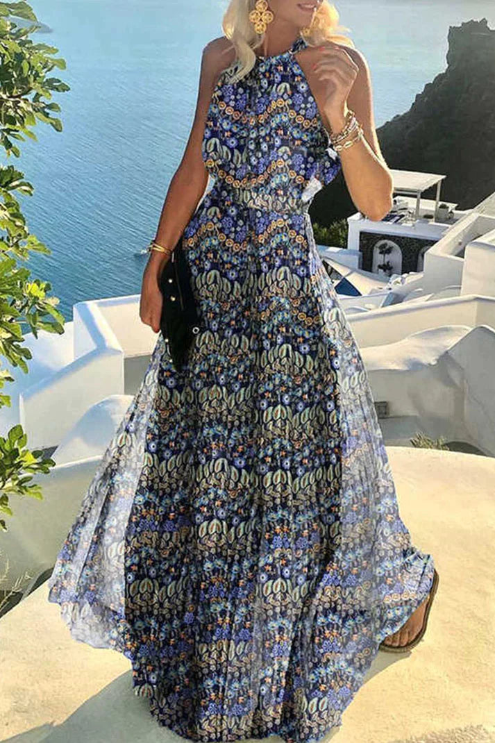 Halter Neck Maxi Dress Womens - Boho Print Pleated Vacation Apparel Zorina - Heston Manor