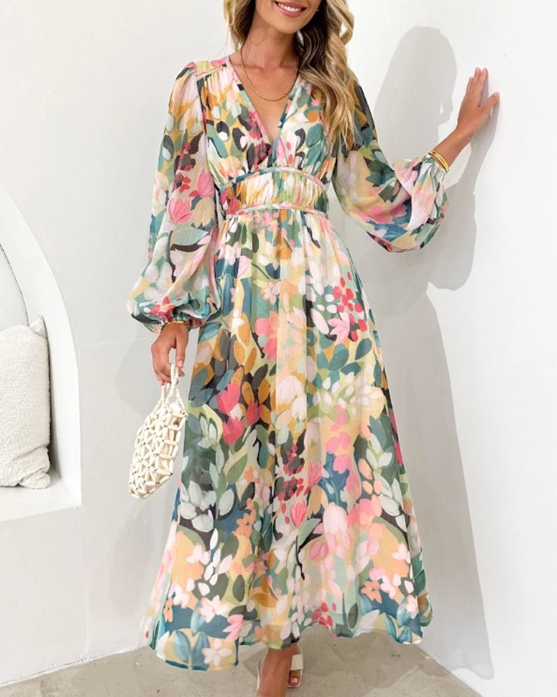 Floral Print Midi Dress Womens - V-Neck Long Sleeve Elegance Bellaina - Heston Manor