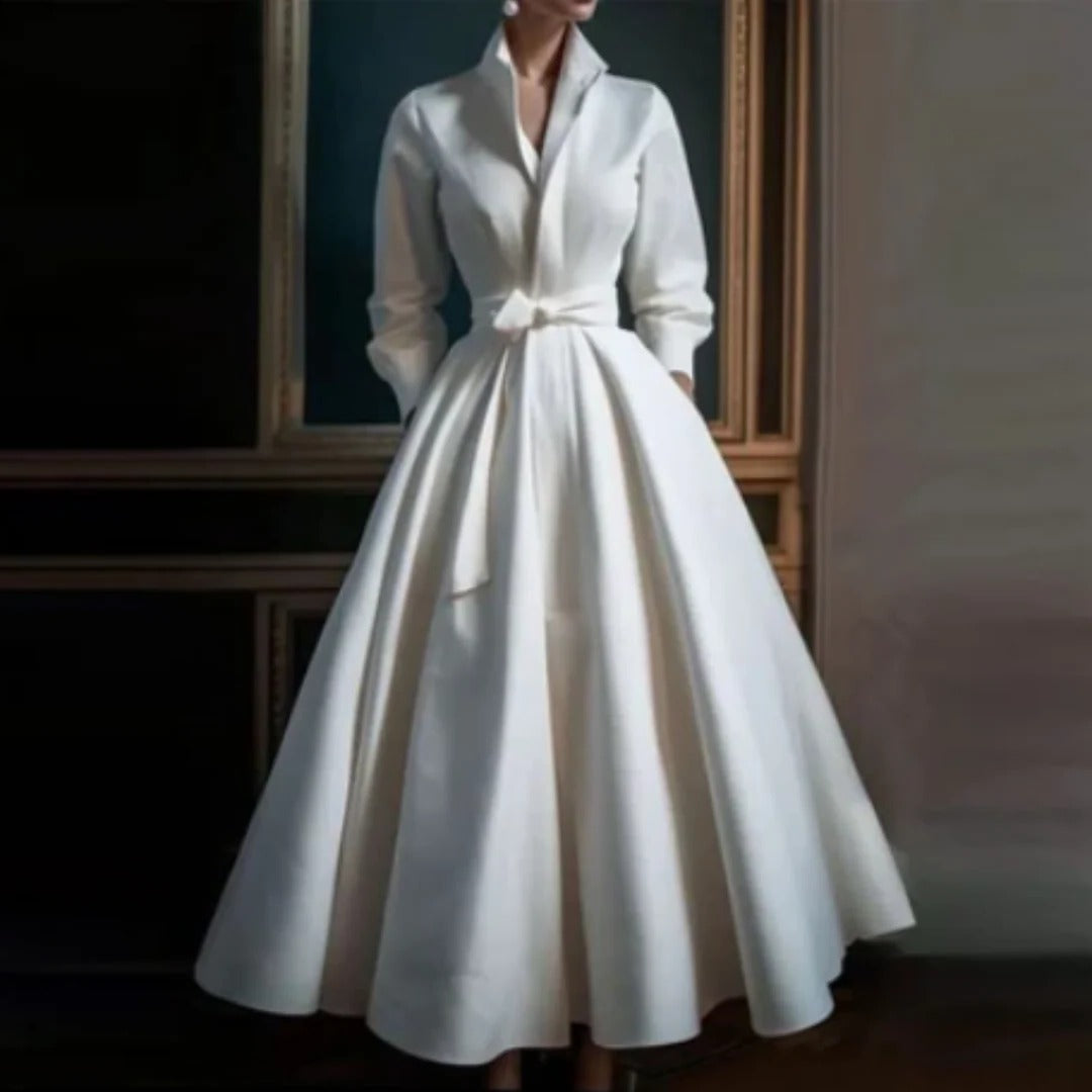 A-Line Midi Dress Womens - Long Sleeve V-Neck with Belt Audrena - Heston Manor