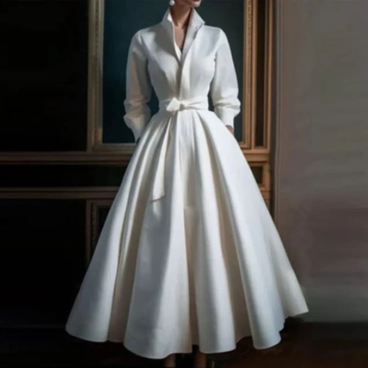 A-Line Midi Dress Womens - Long Sleeve V-Neck with Belt Audrena - Heston Manor