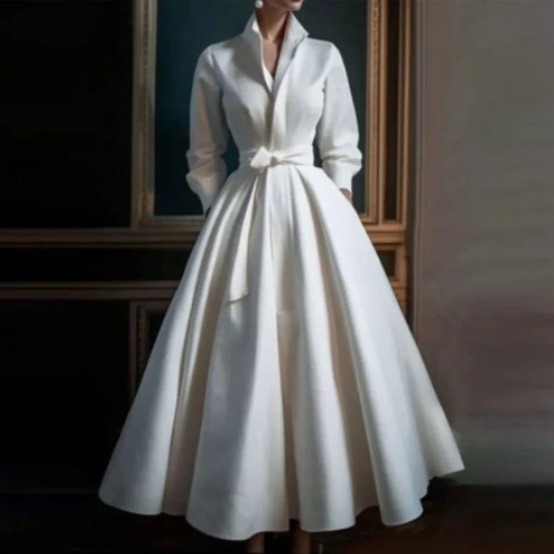 A-Line Midi Dress Womens - Long Sleeve V-Neck with Belt Audrena - Heston Manor