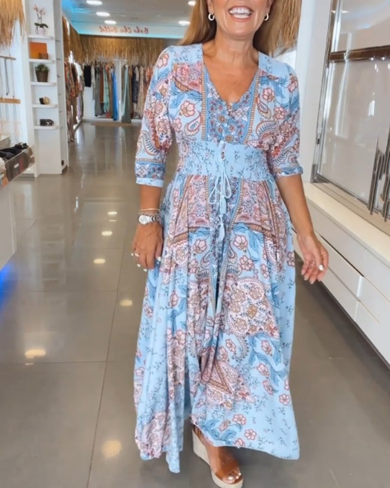 Paisley Maxi Dress Womens - Bohemian V-Neck Vacation Attire Solielis - Heston Manor