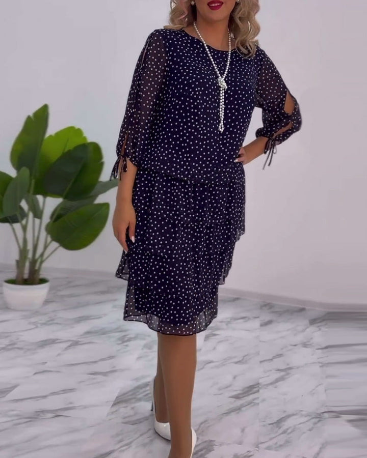 Polka Dot Midi Dress Womens - Tiered Chiffon 3/4 Sleeve Elegance Dotsera - Heston Manor