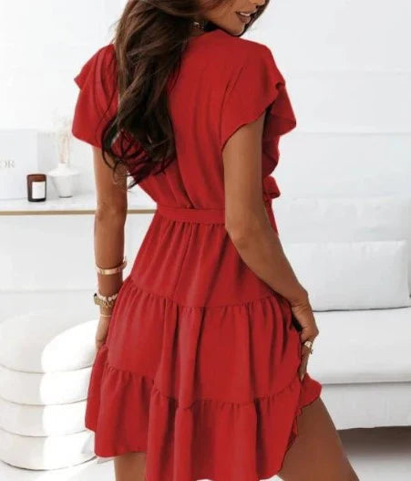 Wrap Mini Dress Womens - Flutter Sleeve Ruffle Fit Blossom - Heston Manor